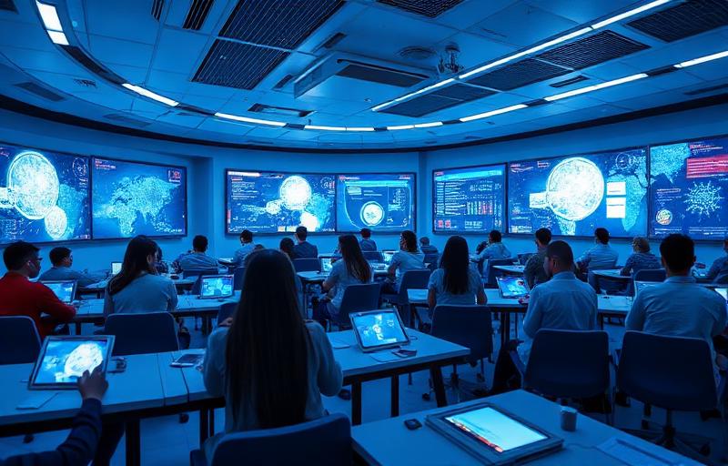 Kelas digital modern dengan siswa menggunakan teknologi canggih