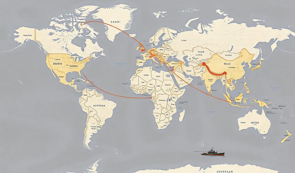 Peta dunia dengan jalur perdagangan dan titik strategis geopolitik global