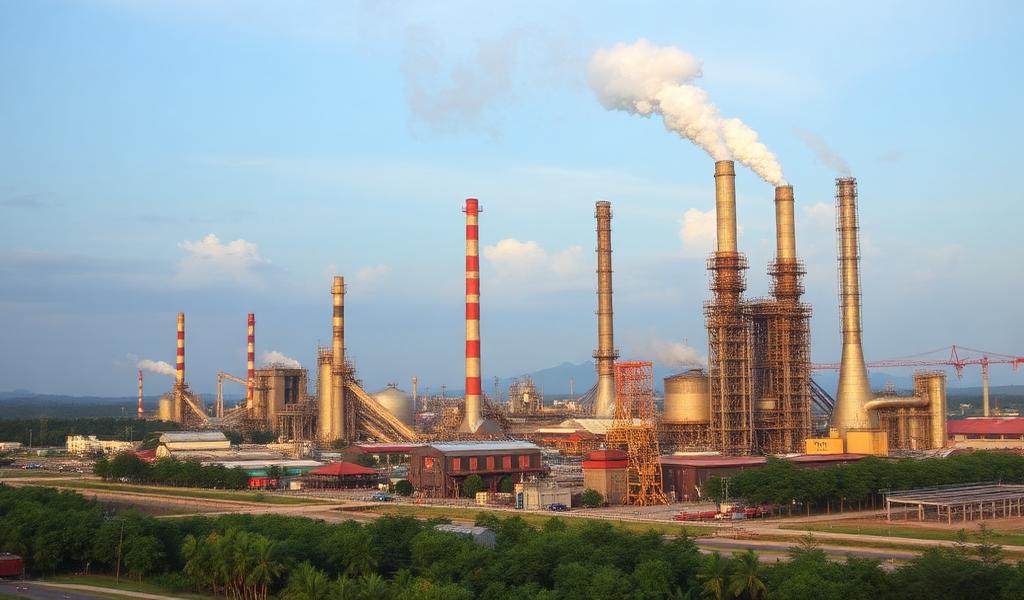 Kawasan industri pengolahan nikel di Indonesia dengan cerobong pabrik dan infrastruktur modern