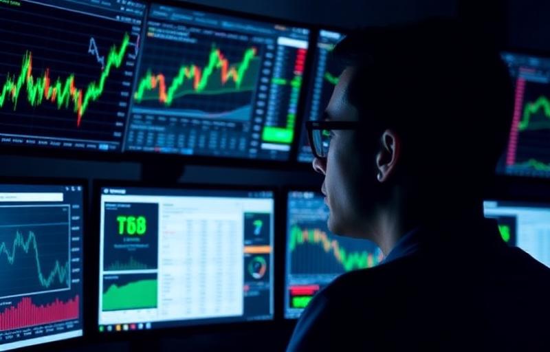 Seseorang menganalisis data keuangan di layar monitor