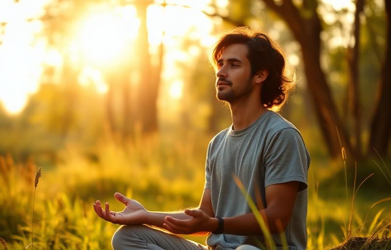 Seseorang bermeditasi di alam terbuka dengan cahaya matahari pagi