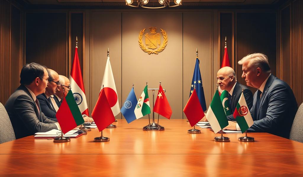 Ilustrasi negosiasi diplomatik internasional dengan pemimpin dunia di meja perundingan